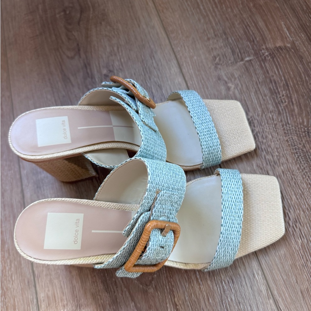 Dolce Vita Posy Mint Raffia Slip On Squared Toe Buckle Heels - Picture 3 of 8